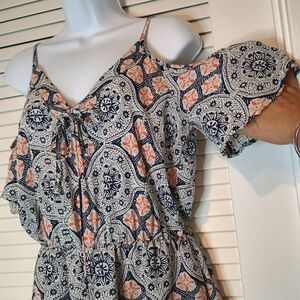 Sienna Sky Bohemian orange blue and white Print Cold Shoulder Romper Size Medium
